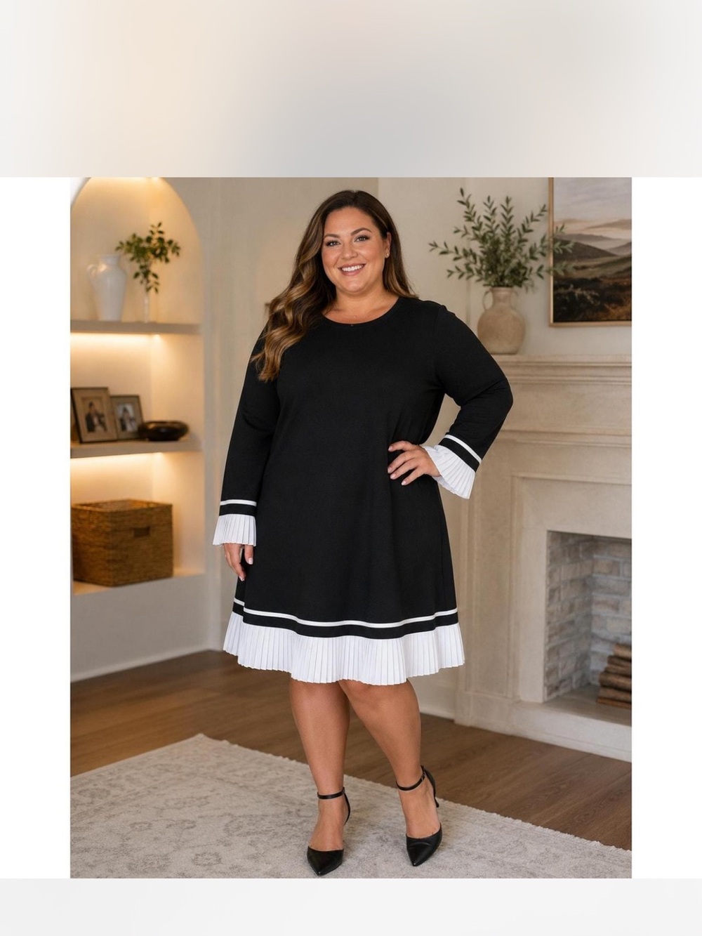 English Factory 3X Black White Pleated Trim Sweater Dress Plus Size